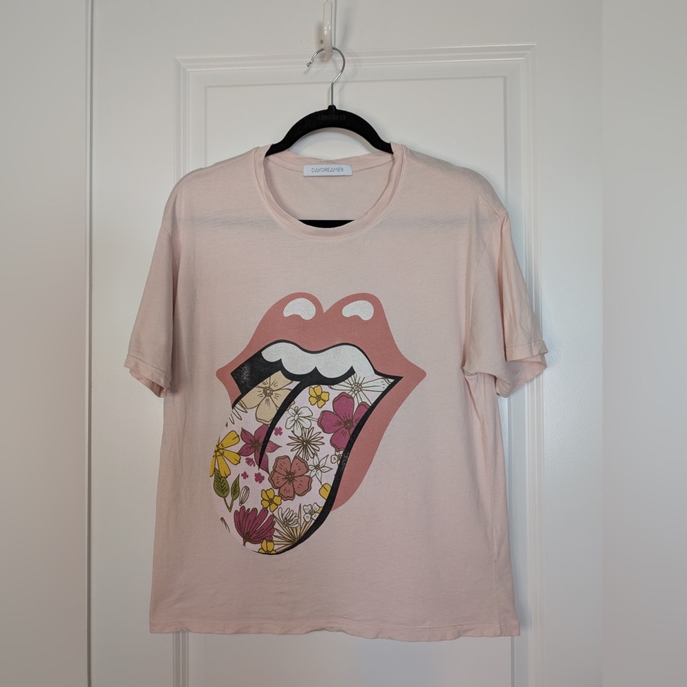 Daydreamer Rolling Stone Tee Flowers Tongue Pink Size XS